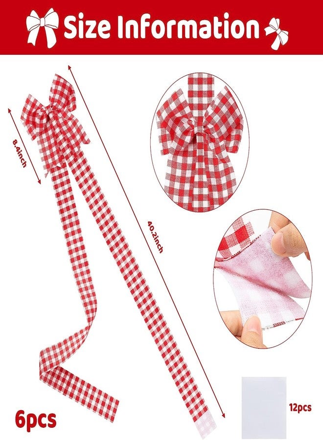 Haooryx Christmas Cabinet Ribbons Bows Door Decorations - 6Pcs Red and White Plaid Large Bows Braided Burlap Home Xmas Tree Decor Handmade Bow Ornaments for Christmas Home Kitchen Party Supplies - Image 2